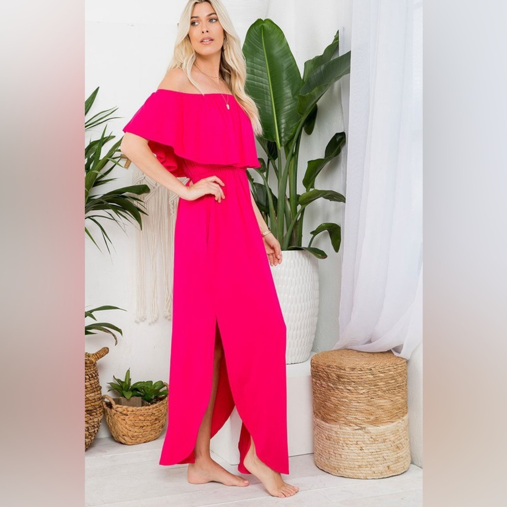 Sweet Lovely by Jen Off Shoulder Ruffle Maxi Dress Fuchsia